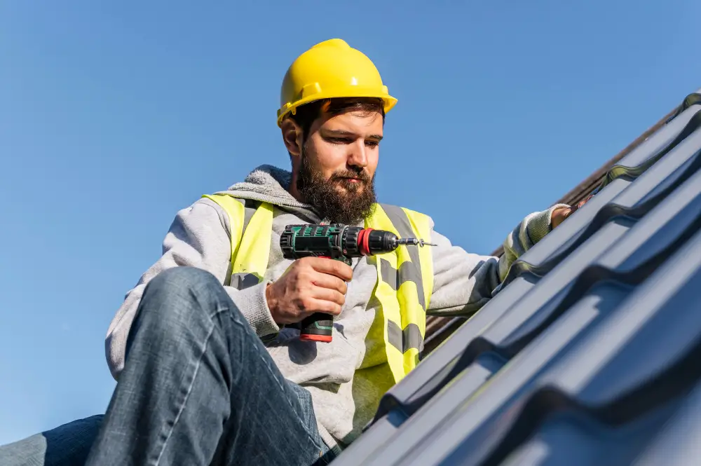 Man working on commercial roof front in NYC